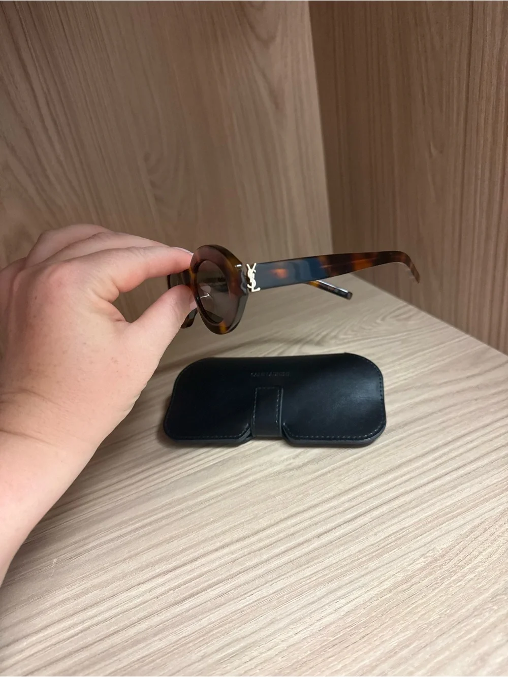 Saint Laurent Tortoiseshell Oval Sunglasses with Green Lenses